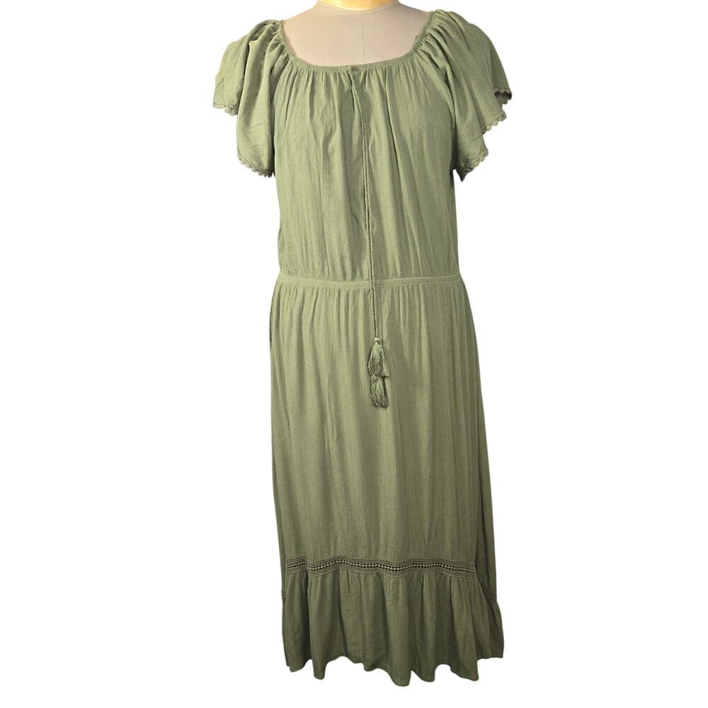 Womens Medium Olive Green Dress Boho Peasant Prairie Cottagecore‎ Hippie Earthy